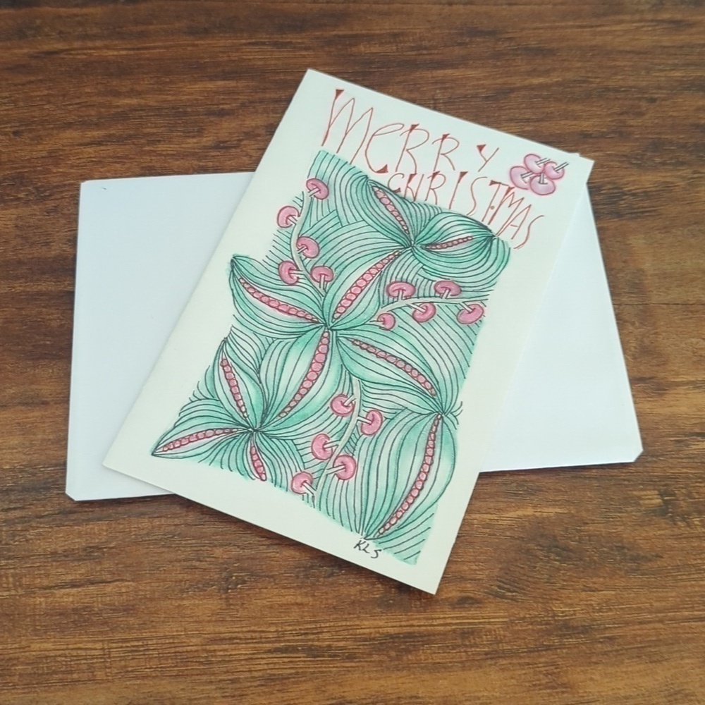 🌻5/$20 Handmade Merry Christmas Floral Zentangle Card- Red & Green